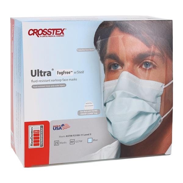 Ultra Fog-Free Combination Mask / Shield ASTM Level 3 Anti-Fog Blue 25/Bx 16 BX/CA