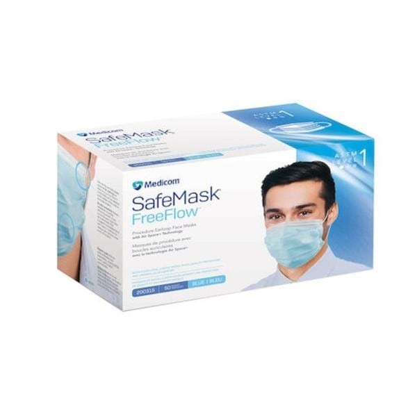 SafeMask FreeFlow Procedure Mask ASTM Level 1 Fog-Free Strip Blue Adult 50/Bx 10 BX/CA