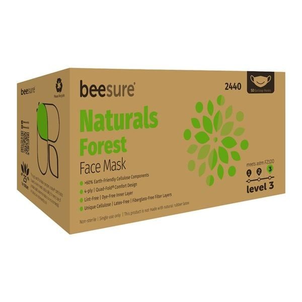 BeeSure Naturals Face Mask ASTM Level 3 Green / White Adult 50/Bx 8 BX/CA