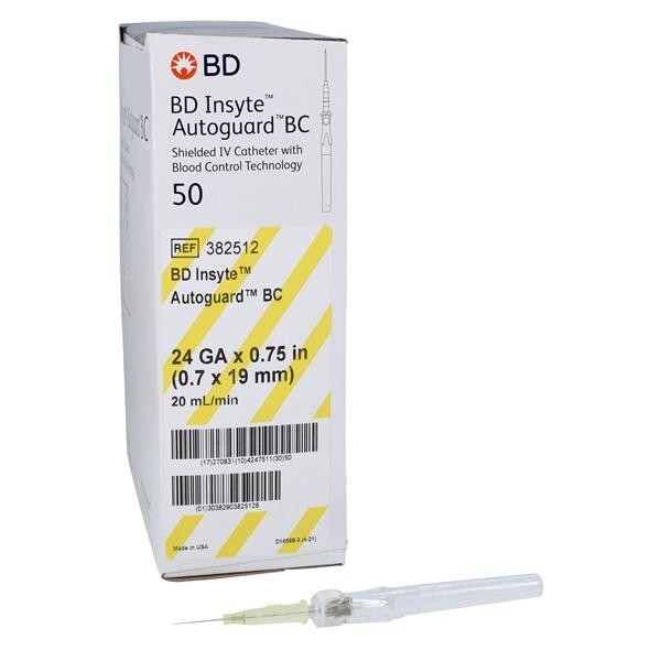 Insyte Autoguard Blood Control Catheter Shielded 24 Gauge 3/4" Yellow 50/Bx 4 BX/CA
