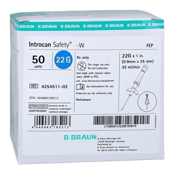 Introcan Safety IV Catheter Safety 22 Gauge 1" Blue 50/Bx 4 BX/CA
