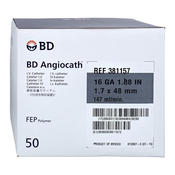 Angiocath Peripheral Venous Catheter 16 Gauge 1-7/8" Gray 50/Bx 4 BX/CA