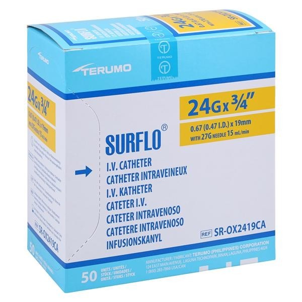 Surflo IV Catheter 24 Gauge 3/4" Yellow 50/Bx 4 BX/CA