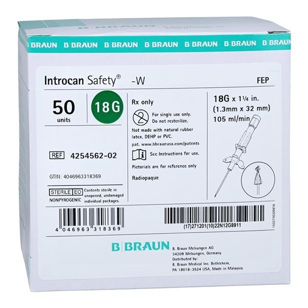 Introcan Safety IV Catheter Safety 18 Gauge 1-1/4" Green 50/Bx 4 BX/CA