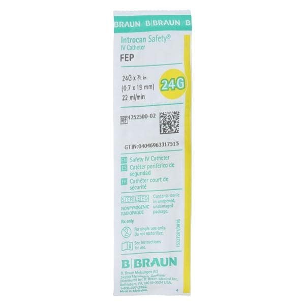 Introcan Safety IV Catheter Safety 24 Gauge 3/4" Yellow Straight Ea 50 EA/BX