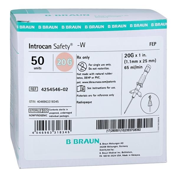 Introcan Safety IV Catheter Safety 20 Gauge 1" Pink 50/Bx 4 BX/CA