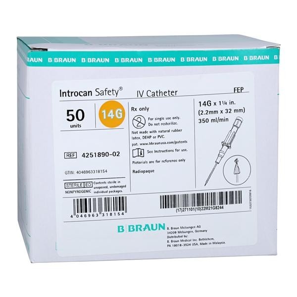 Introcan Safety IV Catheter Safety 14 Gauge 1-1/4" Orange Straight 50/Bx 4 BX/CA