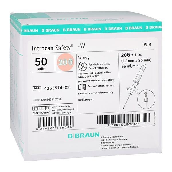 Introcan Safety IV Catheter Safety 20 Gauge 1" Pink Straight 50/Bx 4 BX/CA