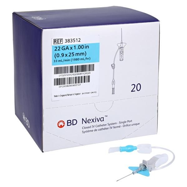 Nexiva IV Catheter Shielded 22 Gauge 1" Blue Closed End 20/Bx 4 BX/CA