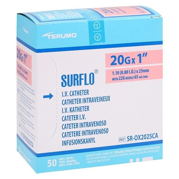 Surflo IV Catheter 20 Gauge 1" Pink 50/Bx 4 BX/CA