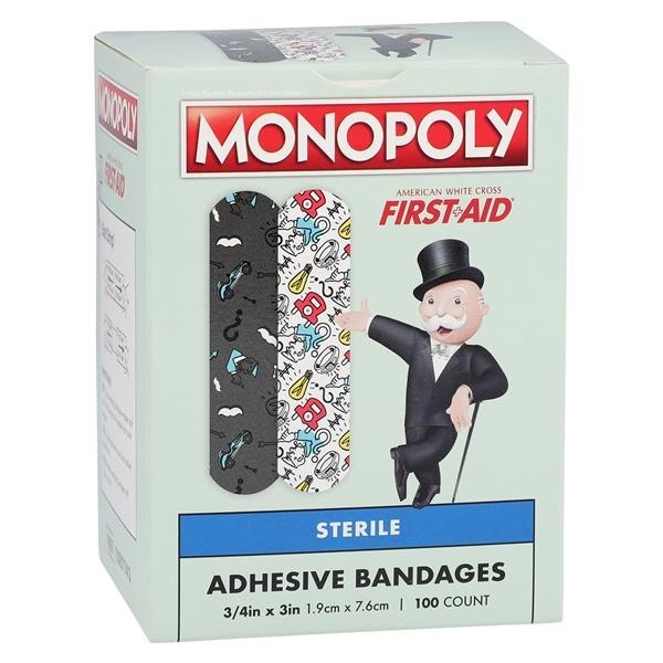 American White Cross Adhesive Strip Bandage Plastic 3/4x3" Monopoly Strl 100/Bx 12 BX/CA