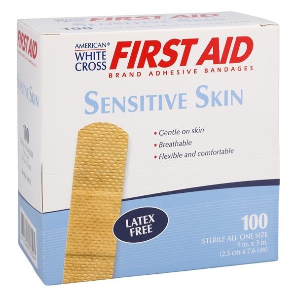 American White Cross Sensitive Skin Bandage Fabric 1x3" White Sterile 100/Bx 12 BX/CA