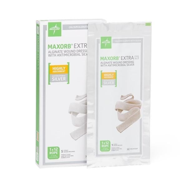 Maxorb Extra Ag Alginate/Silver Rope Dressing 1x12" Flat Rope Flat Silver LF