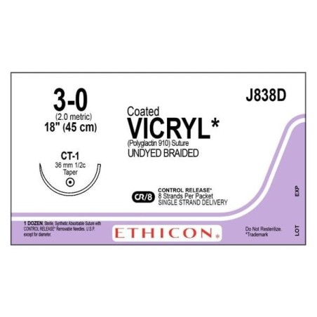 Vicryl Suture 3-0 8-18" Polyglactin 910 Braid CT-1 Undyed 12/Bx