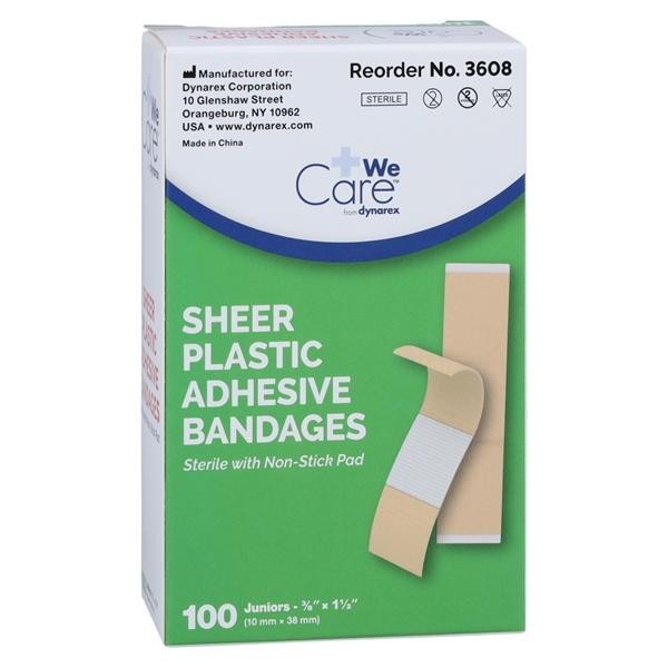 Adhesive Bandage Plastic .38x1.5" Sheer/Flesh Sterile 100/Bx 36 BX/CA