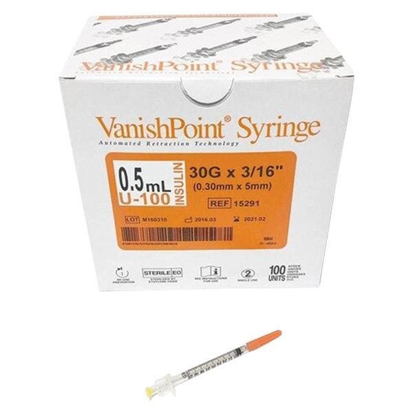 Hypodermic Syringe/Needle 30gx5/16" 0.5mL Safety Device No Dead Space 100/Bx 8 BX/CA